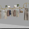 Elegant Golden Clothes Rack Displaying Dresses With Potted Plants And Handbags