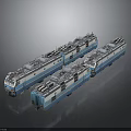 Three Blue And White Train Models Lined Up On Dark Reflective Surface 3d model
