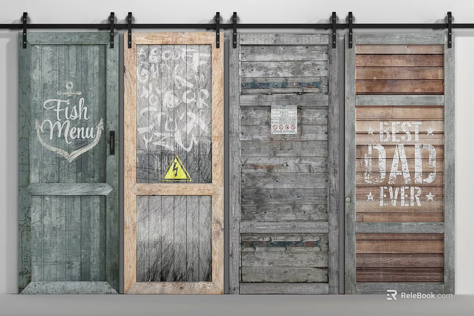 Rustic Wooden Barn Doors With Decorative Fish Menu Graffiti And Best Dad Ever 3d model 