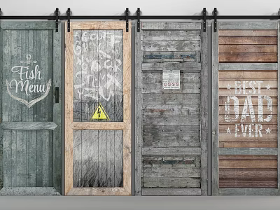 Rustic Wooden Barn Doors With Decorative Fish Menu Graffiti And Best Dad Ever 3d model