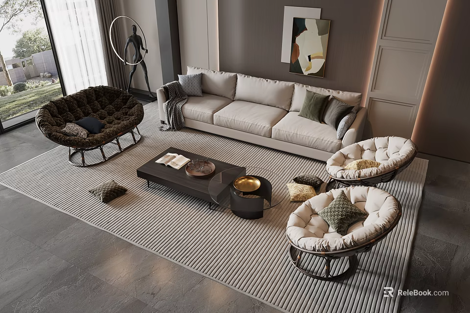 Modern Cozy Living Room Interior With Beige Sofa Wicker Chairs Coffee Table And Striped Rug 3d model 