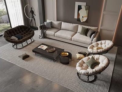 Modern Cozy Living Room Interior With Beige Sofa Wicker Chairs Coffee Table And Striped Rug 3d model