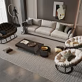 Modern Cozy Living Room Interior With Beige Sofa Wicker Chairs Coffee Table And Striped Rug