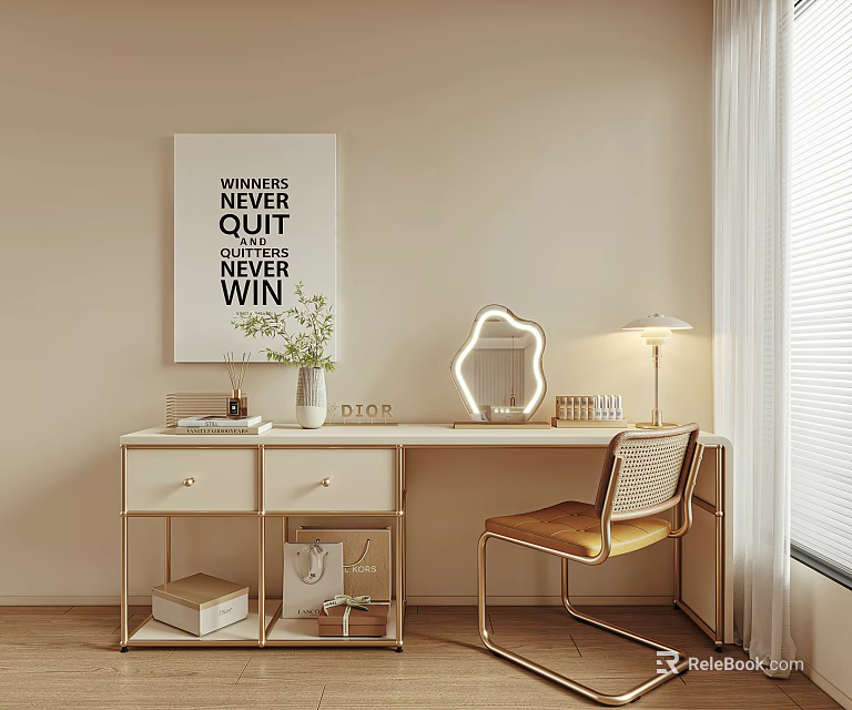 Elegant Modern Dressing Table With Decorative Mirror Table Lamp Potted Plant Poster And Chair 3d model 