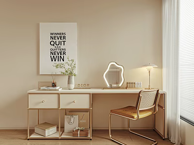 Elegant Modern Dressing Table With Decorative Mirror Table Lamp Potted Plant Poster And Chair 3d model