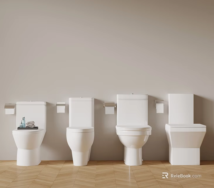 Four White Toilets Lined Against Light Walls With Toilet Paper Holders On Wooden Flooring 3d model 
