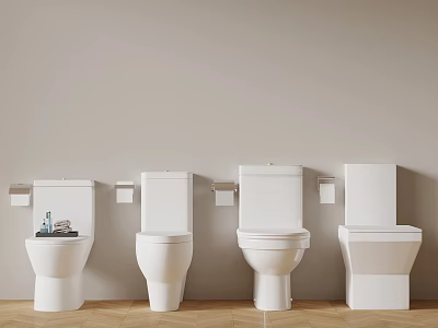 Four White Toilets Lined Against Light Walls With Toilet Paper Holders On Wooden Flooring 3d model