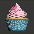 Delicious Cupcake With Pink Frosting And Heart Shaped Decoration Blue Wrapper White Polka Dots