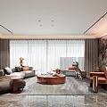 Modern Living and Dining Room Interior With Sofa Dining Table Marble Counter and Pendant Lights