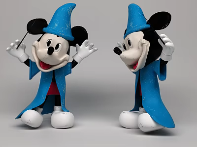 Two Mickey Mouse Wizard Figurines With Blue Robe Hat And Magic Wand 3d model