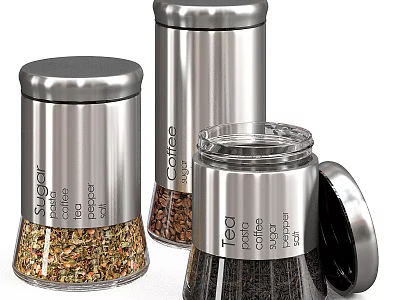 Stainless Steel Spice Jars With Sugar Coffee Tea And Open Lid 3d model