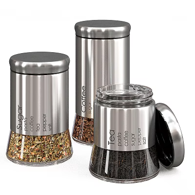 Stainless Steel Spice Jars With Sugar Coffee Tea And Open Lid 3d model