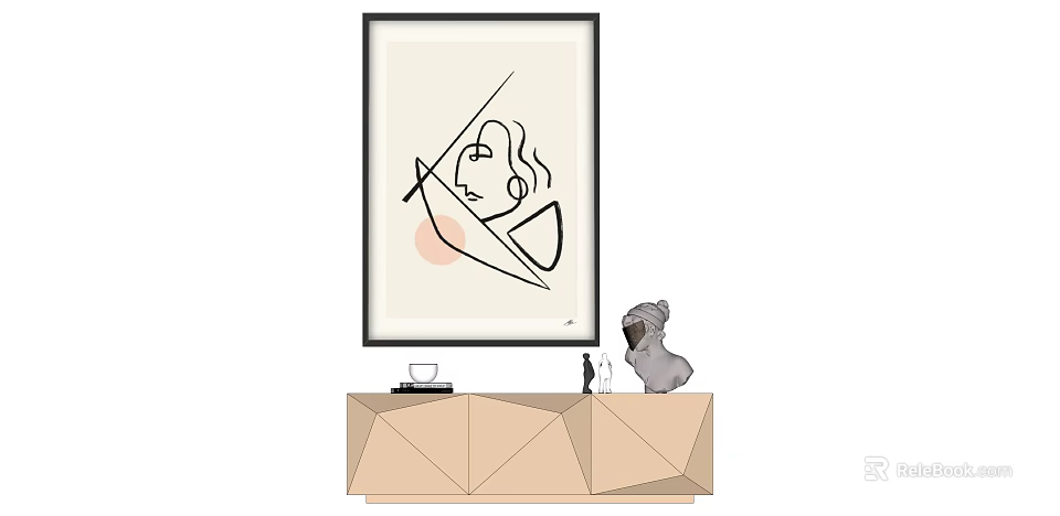 Abstract Painting With Minimalist Line Art Hanging on Wall Above Wooden Cabinet With Decorative Objects 3d model 