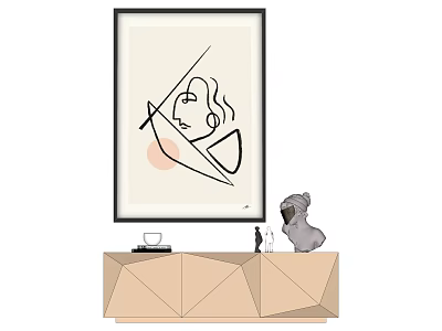 Abstract Painting With Minimalist Line Art Hanging on Wall Above Wooden Cabinet With Decorative Objects 3d model