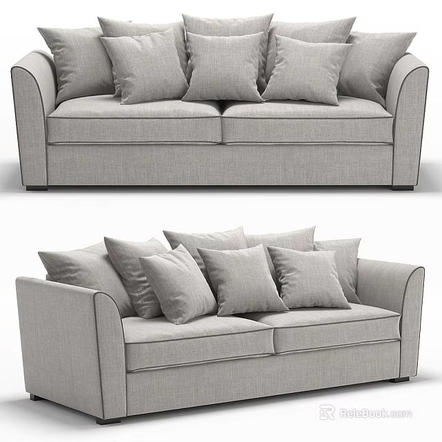 Light Gray Fabric Three-Seater Sofa With Multiple Cushions In Modern Design 3d model