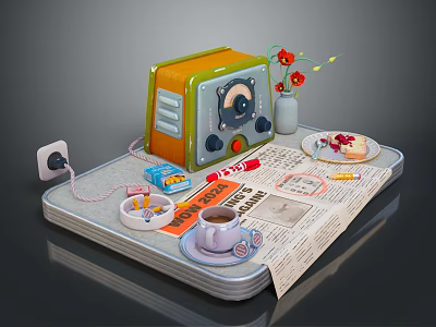 Vintage Retro Radio With Flowers Newspaper Coffee Cup And Socket On Table 3d model