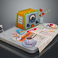 Vintage Retro Radio With Flowers Newspaper Coffee Cup And Socket On Table