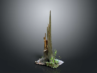 Rustic Tree Stump Decorative Piece With Broken Trunk Sections And Small Green Plants 3d model