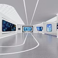 Modern Tech Exhibition Space Featuring Multiple Digital Screens White Walls And Geometric Ceiling Design 3d model