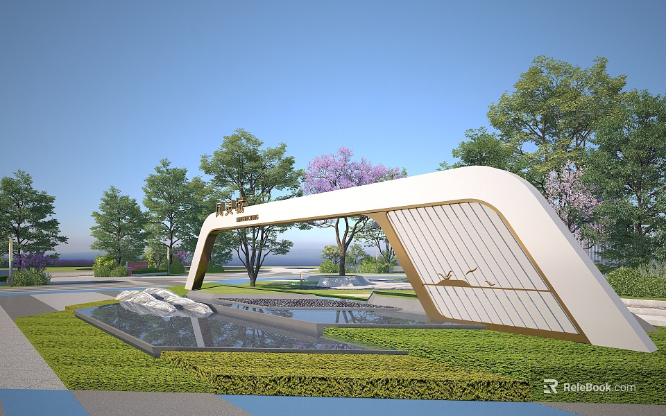 Modern Landscape Entrance Design with White Arch Golden Accents Green Plants and Water Feature 3d model 