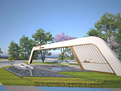 Modern Landscape Entrance Design with White Arch Golden Accents Green Plants and Water Feature 3d model