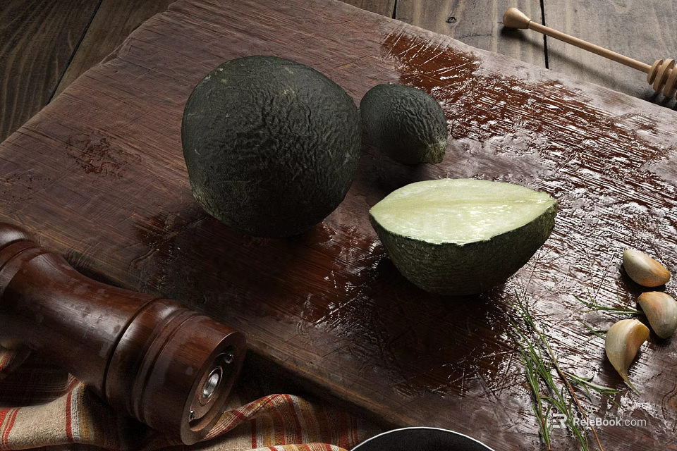 Whole and Halved Avocados on Wooden Cutting Board with Fresh Herbs and Pepper Grinder 3d model 