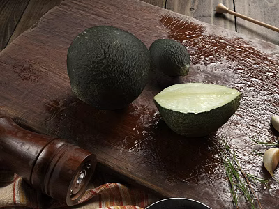 Whole and Halved Avocados on Wooden Cutting Board with Fresh Herbs and Pepper Grinder 3d model