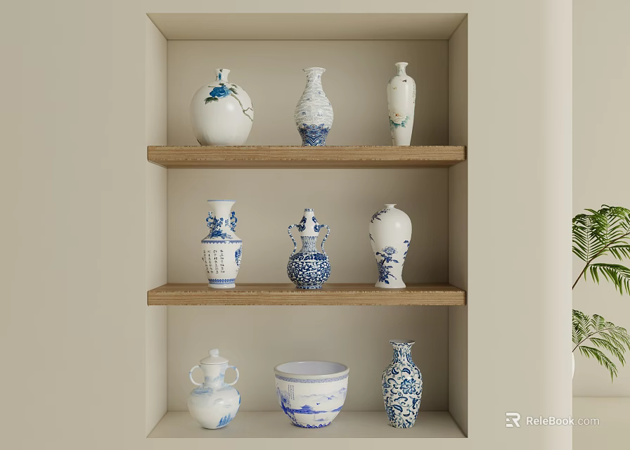 Traditional Blue And White Ceramic Vessels Displayed On Three Wooden Shelves In Wall Cabinet 3d model 