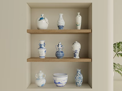 Traditional Blue And White Ceramic Vessels Displayed On Three Wooden Shelves In Wall Cabinet 3d model