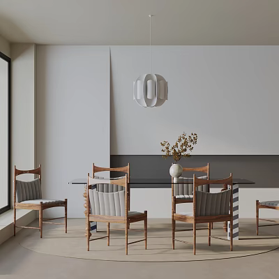 Minimalist Dining Table Set With Glass Top And Wooden Chairs Pendant Light And Vase Plants 3d model