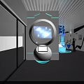 Futuristic Corridor Design With Blue Neon Lights Circular Screen And Tech Decor