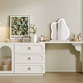 White Dressing Table With Drawers Stylish Mirror Lamp Painting Vase And Cosmetics