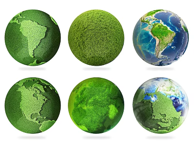 Set Of Green Earth Globes With Different Natural Textures And Surface Designs 3d model