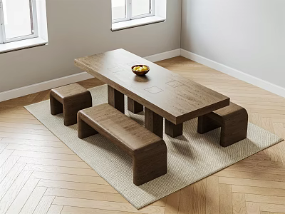 Wooden Dining Table Set with Benches Fruit Bowl and Area Rug in Bright Dining Room 3d model