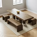 Wooden Dining Table Set with Benches Fruit Bowl and Area Rug in Bright Dining Room
