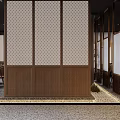 Traditional Chinese Tea Restaurant With Wooden Tables Stone Path Greenery Round Window And Lattice Partition