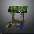 Wooden Market Stall With Green Vines Hanging Colored Boxes And Woven Basket