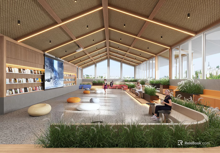 Bright Modern Lounge Area Interior With Wooden Beams Large Windows Bookshelves And Green Plants 3d model 