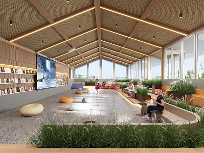 Bright Modern Lounge Area Interior With Wooden Beams Large Windows Bookshelves And Green Plants 3d model