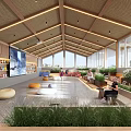 Bright Modern Lounge Area Interior With Wooden Beams Large Windows Bookshelves And Green Plants