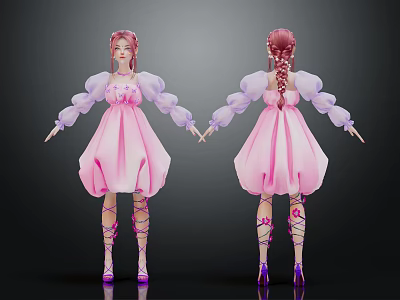 3D Female Character Design With Pink Dress Braided Hair Puffy Sleeves And Purple Heels 3d model