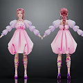 3D Female Character Design With Pink Dress Braided Hair Puffy Sleeves And Purple Heels 3d model