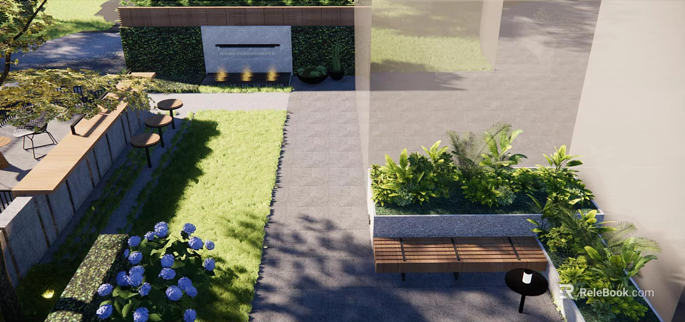Serene Garden Landscape With Lush Green Lawn Stone Pathway Wooden Bench And Flower Beds 3d model 