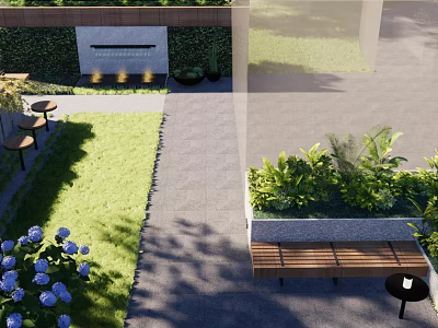 Serene Garden Landscape With Lush Green Lawn Stone Pathway Wooden Bench And Flower Beds 3d model