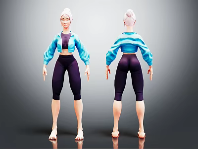 3D Character Design Featuring White Hair Blue Jacket Purple Leggings Front Back View 3d model