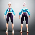 3D Character Design Featuring White Hair Blue Jacket Purple Leggings Front Back View