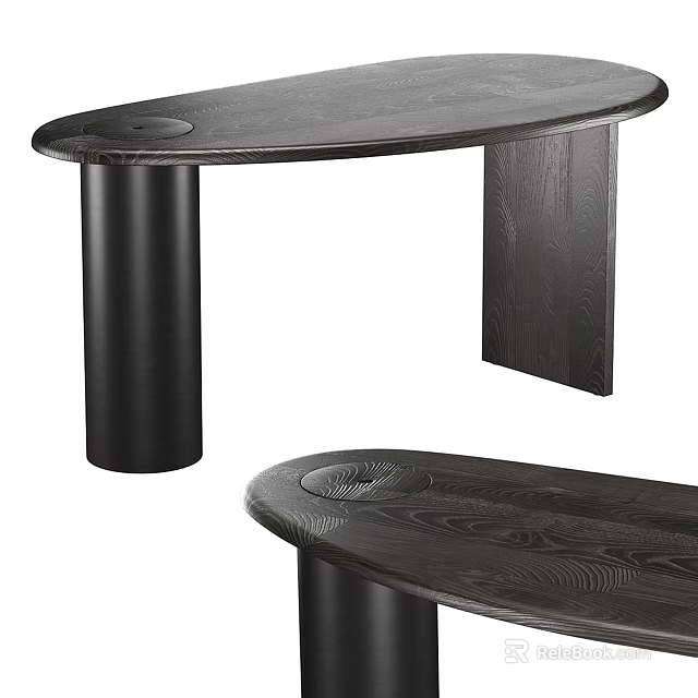 Modern Sleek Desk With Oval Top And Cylindrical Wooden Leg Design 3d model 
