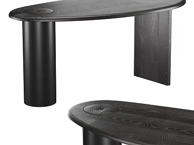 Modern Sleek Desk With Oval Top And Cylindrical Wooden Leg Design 3d model