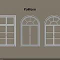 Poliform White Casement Windows Three With Left Rectangular Middle And Right Arched Designs 3d model