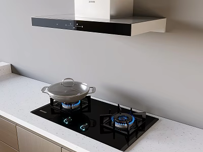 Modern Kitchen With Gas Cooktop Pot And Range Hood 3d model